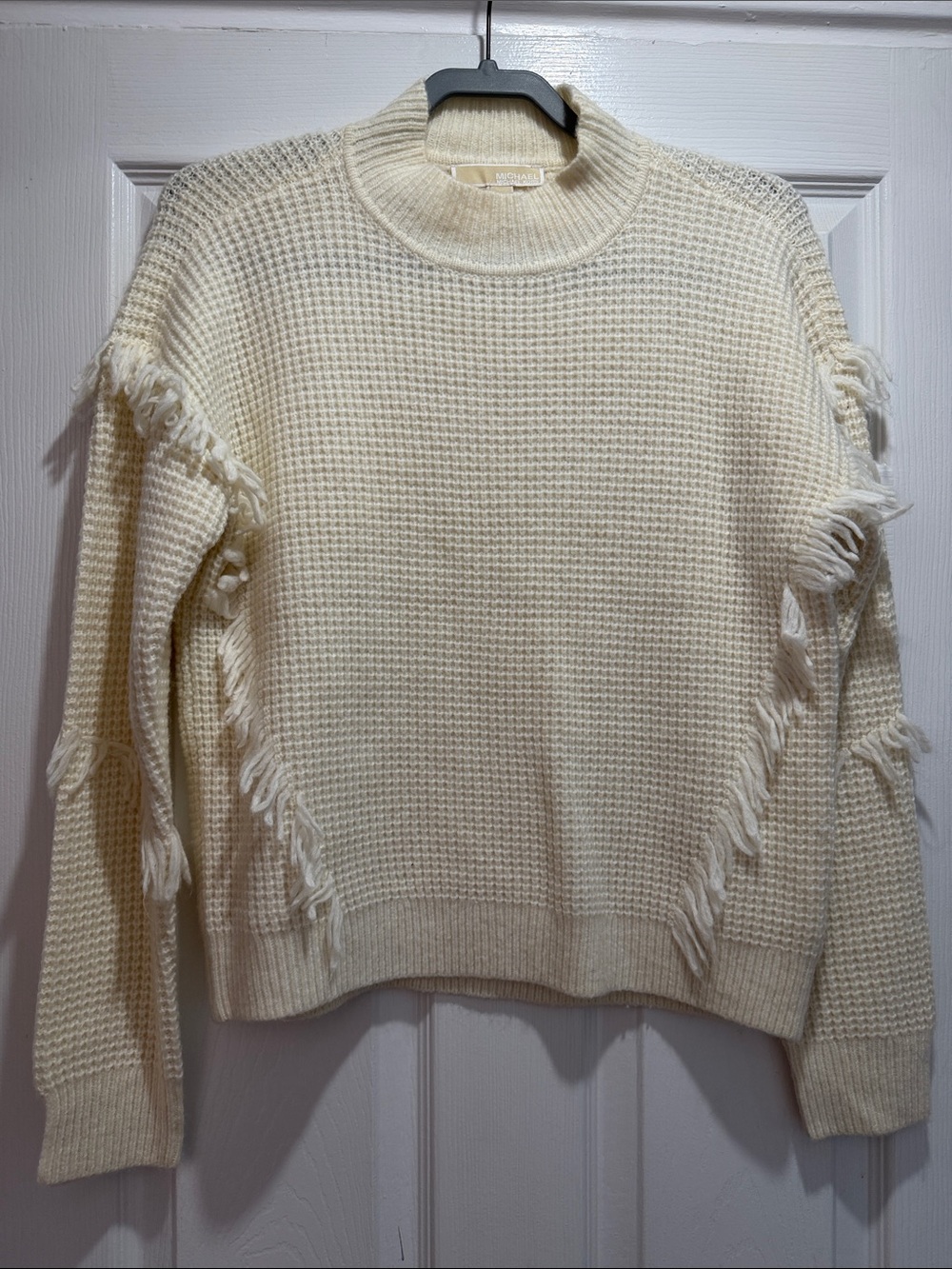 NWOT Michael Kors Cream Fringe Waffle-Knit Sweater - Womens medium